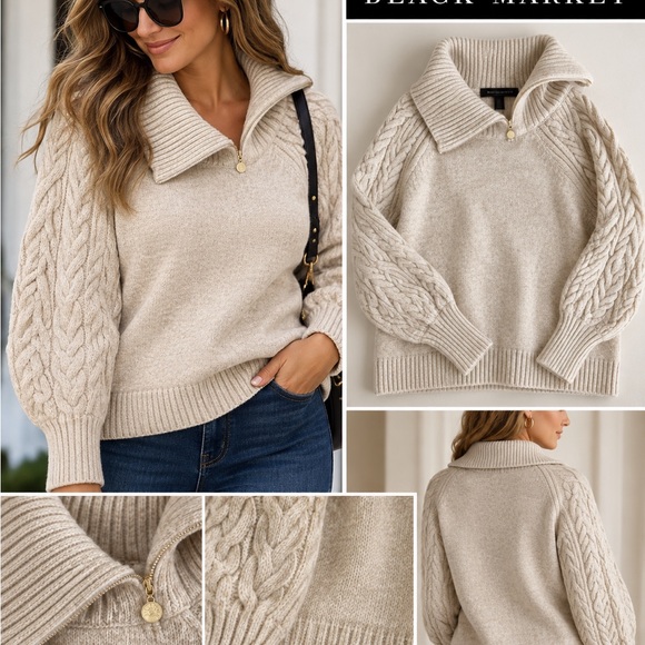 White House Black Market Sweaters - White House Black Market Cream Cable-Sleeve Zip-Collar Sweater